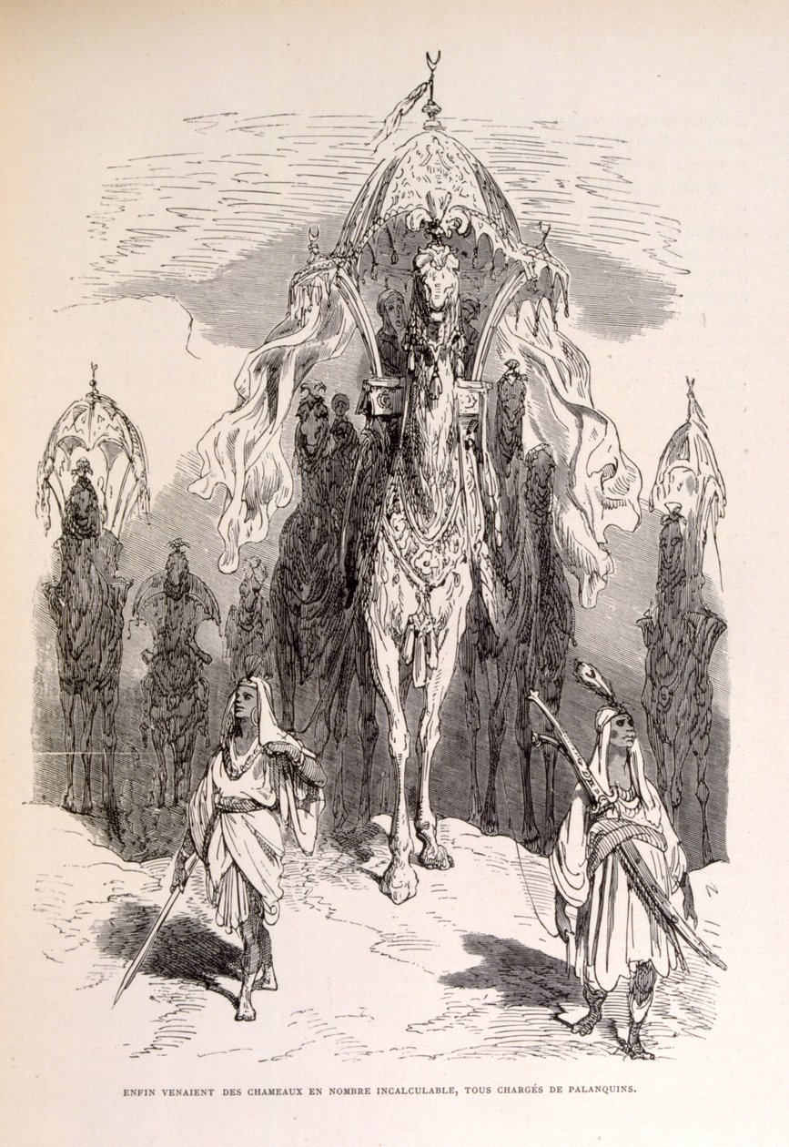 Ilustración de un tren de camellos orientales con sirvientes y carruaje. de Gustave Dore