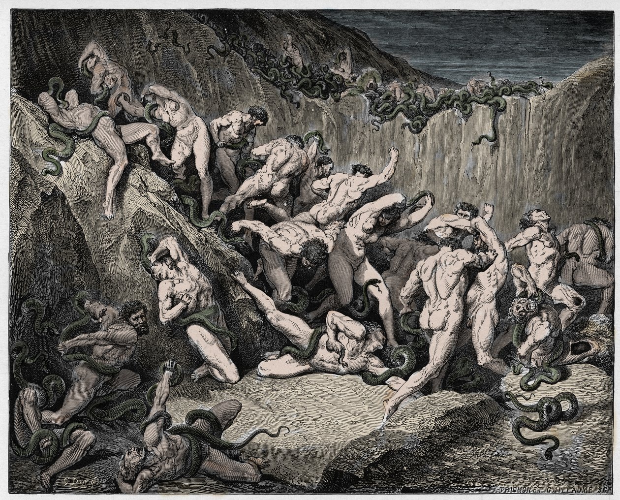 Infierno, Canto 24: Los ladrones atormentados por serpientes, ilustración de "La Divina Comedia" por Dante Alighieri, 1885 de Gustave Dore