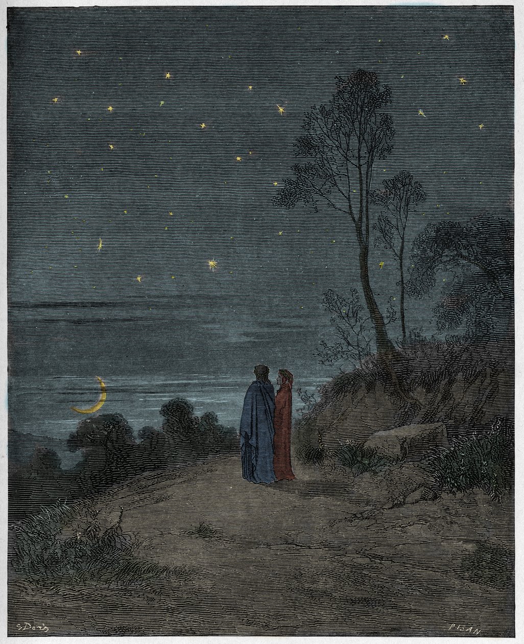 Infierno, Canto 2: El cielo oscureciéndose en la primera noche, ilustración de "La Divina Comedia" por Dante Alighieri, 1885 de Gustave Dore
