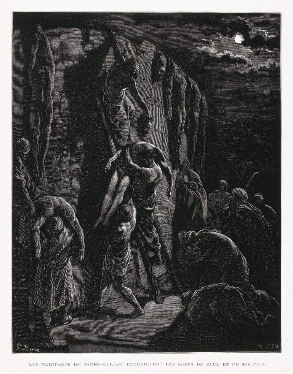 Los jabes galaaditas recuperan los cuerpos de Saúl y sus hijos, ilustración de la Biblia de Dore de Gustave Dore