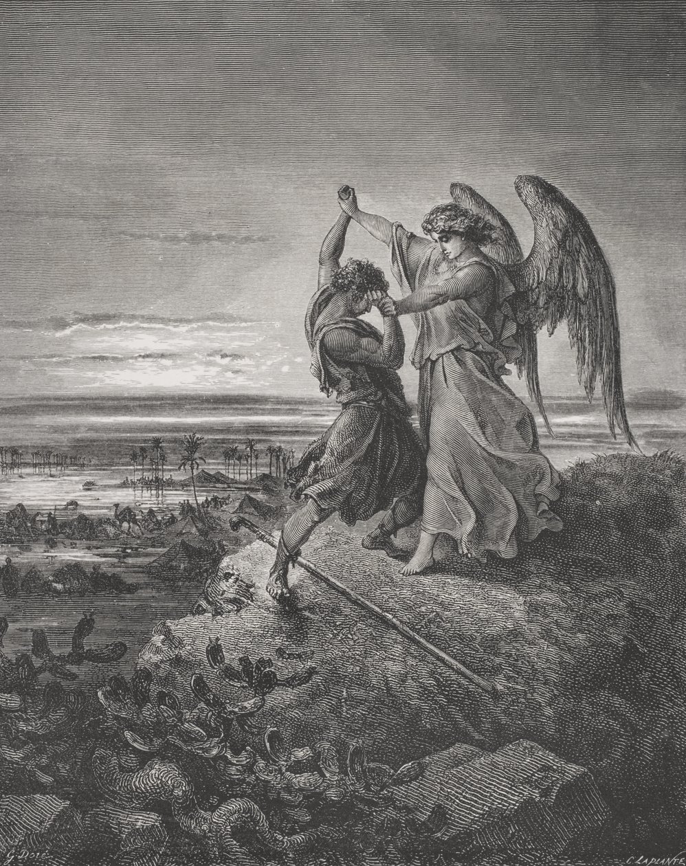 Jacob luchando con el ángel, Génesis 32:24-32, ilustración de 
