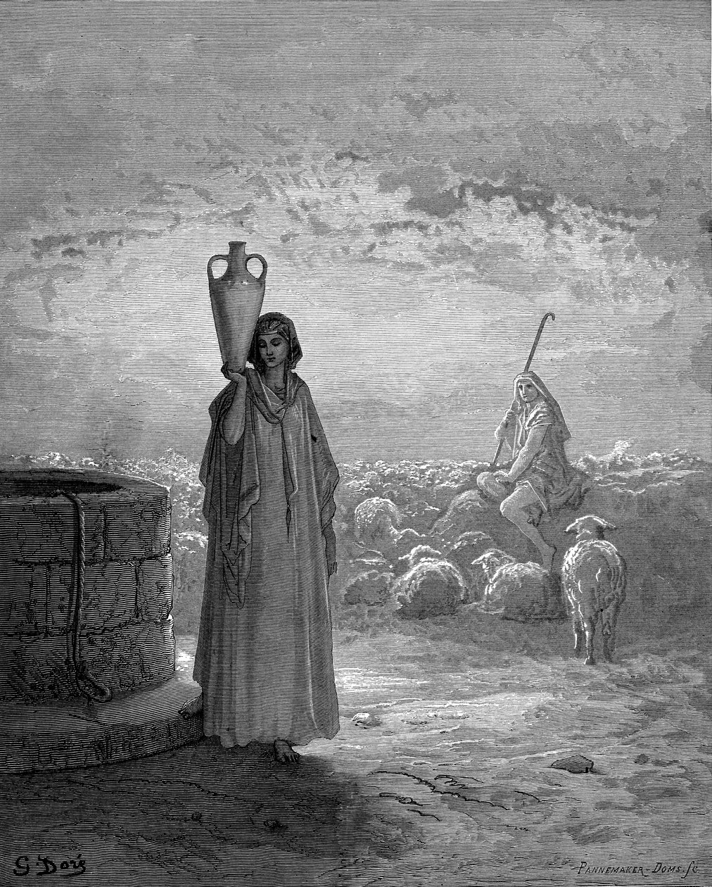Jacob, cuidando los rebaños de Labán, ve a Raquel en el pozo, 1866 de Gustave Dore