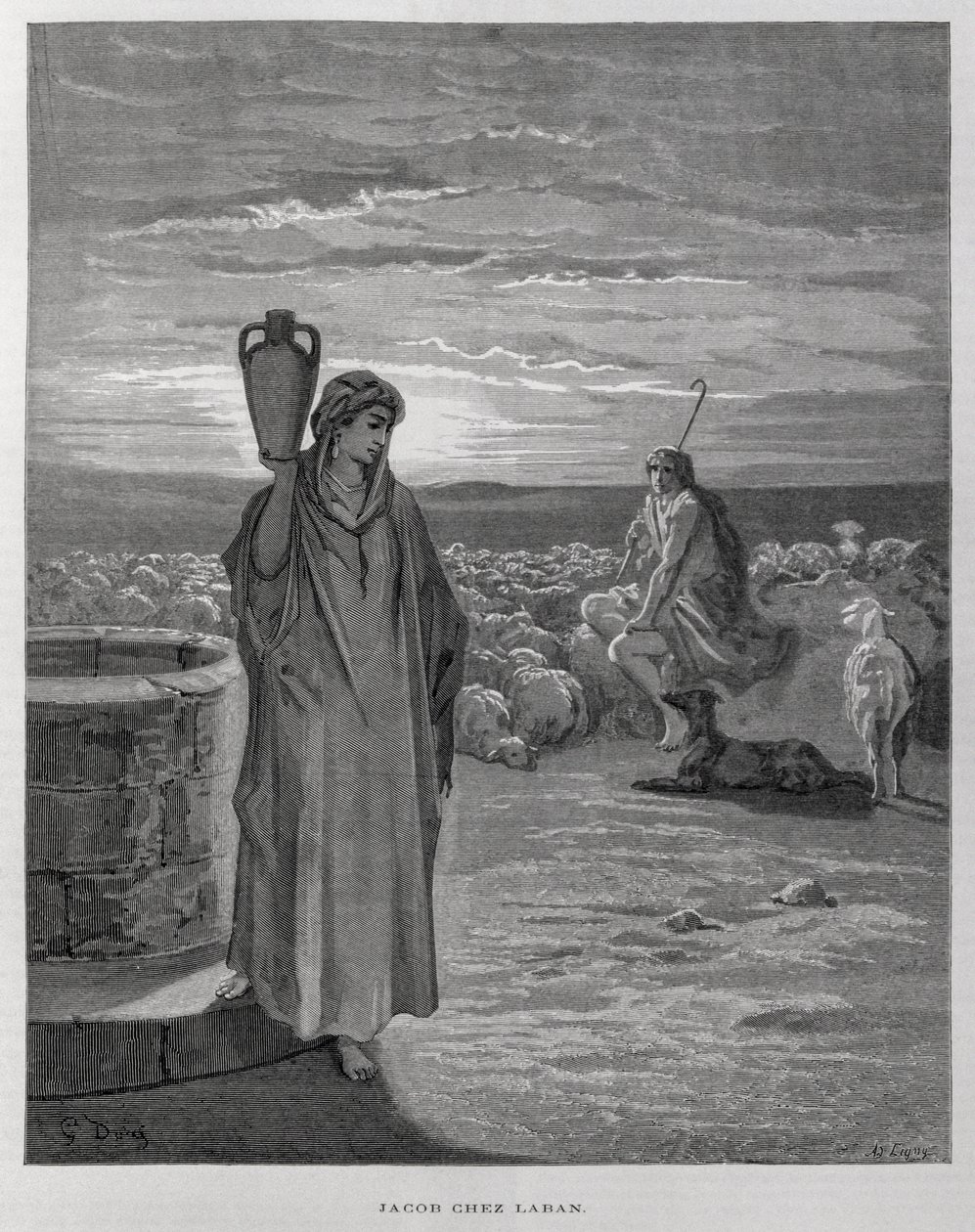 Jacob ve a Raquel en el pozo de la casa de Labán, Ilustración de la Biblia de Dore de Gustave Dore