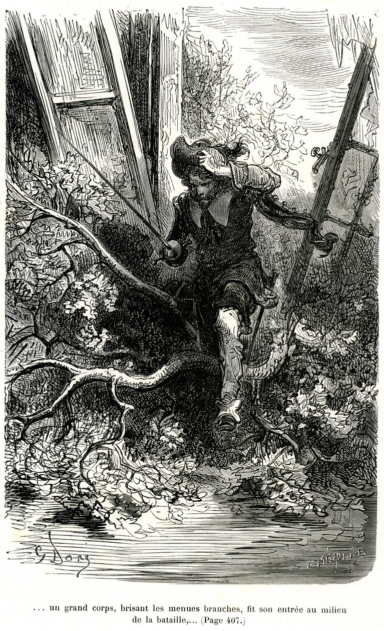 Jacquemin Lampourde, con el arma en la mano, llegó a un punto de la batalla. Grabado de Gustave Dore que ilustra la novela picaresca de capa y espada de Theophile Gautier "Le capitaine Fracasse", edición Charpentier 1863. de Gustave Dore