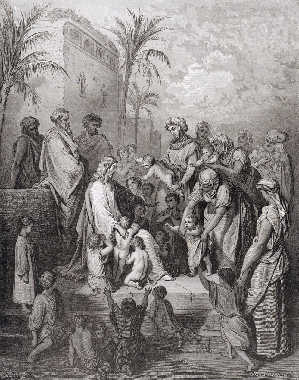 Jesús Bendiciendo a los Niños, grabado por Stéphane Pannemaker c.1868 de Gustave Dore