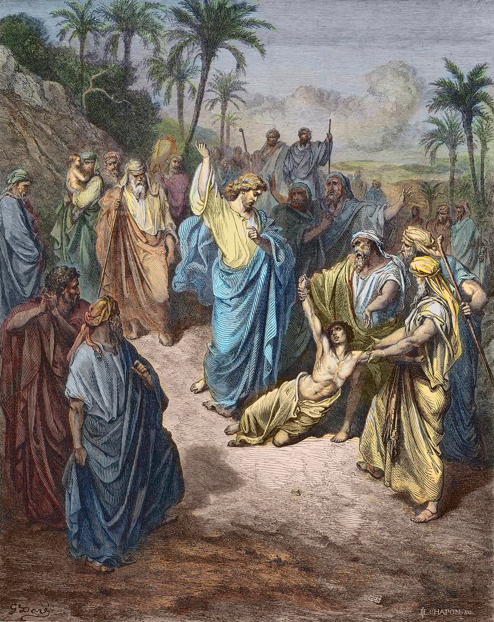 Jesucristo curando a un joven poseído por el demonio - Jesús sanando al lunático - Grabado en color después de Gustave Doré de Gustave Dore