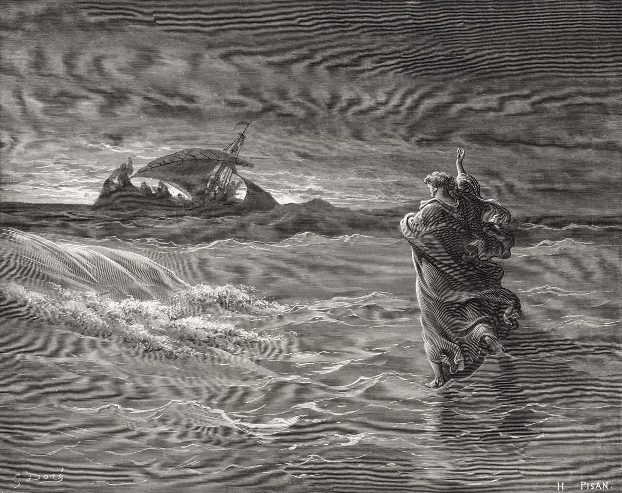 Jesús caminando sobre el mar, Juan 6:19-21, ilustración de 