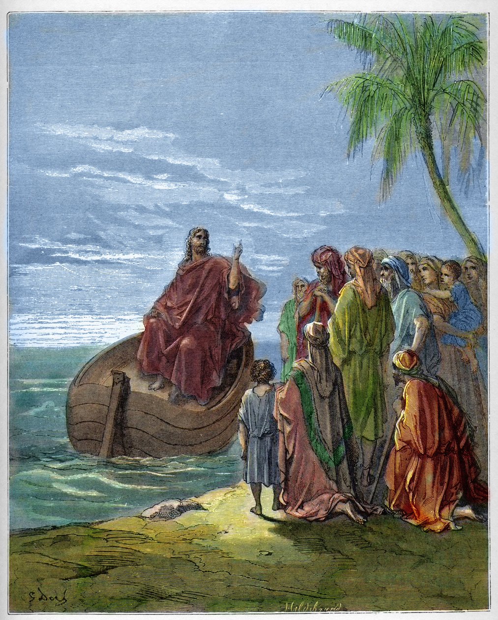 Jesús predicando en el Lago de Genesaret (Lago Tiberíades) - grabado en “La Biblia ilustrada” por Gustave Doré (1832-1883) - Grabado de “La Biblia de Doré” de Gustave Dore