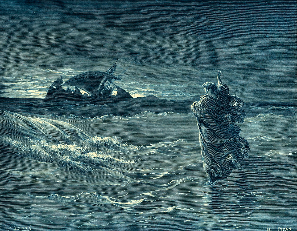 Jesús caminando sobre el mar - Biblia de Gustave Dore
