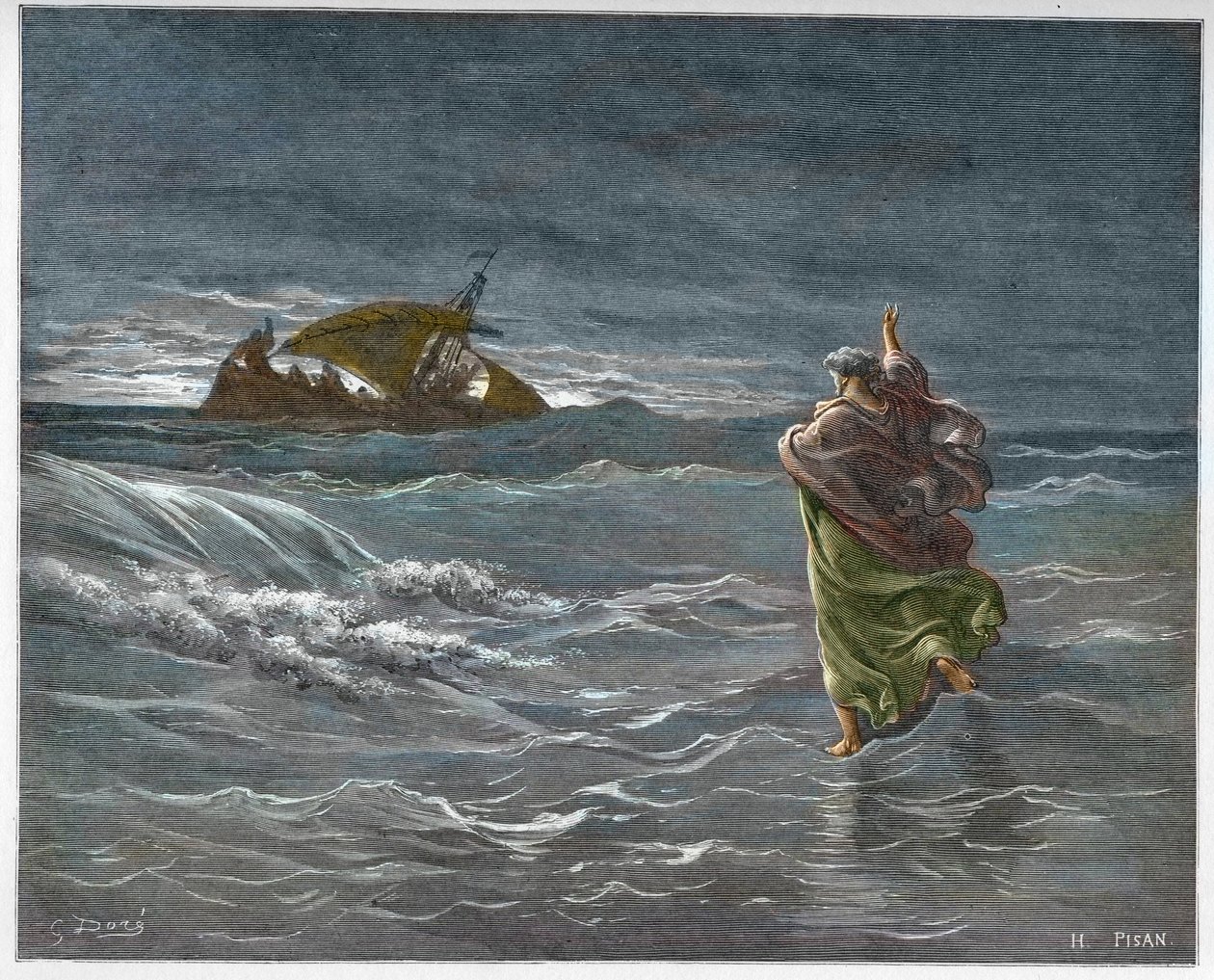 Jesús caminando sobre las aguas del Lago Tiberíades - Jesús caminando sobre el mar (agua) - grabado en “The Bible illustree” por Gustave Dore (1832-1883) - Grabado de “The Dore Bible” de Gustave Dore