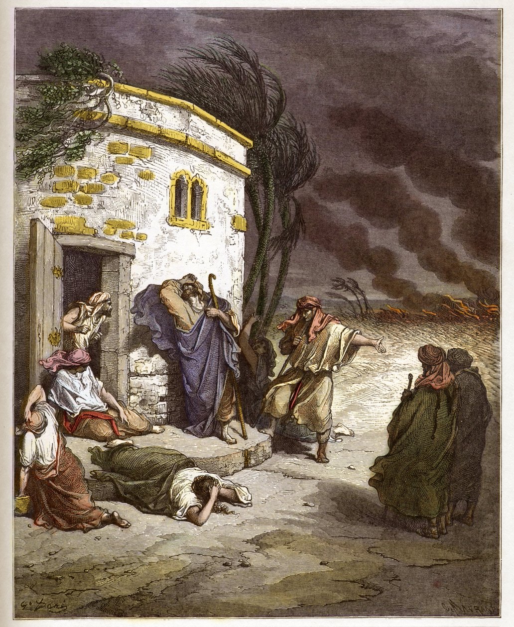 Job oyendo de su ruina - Job aprendiendo de su ruina - grabado en “The Bible illustree” por Gustave Dore (1832-1883) - Grabado de “The Dore Bible” de Gustave Dore