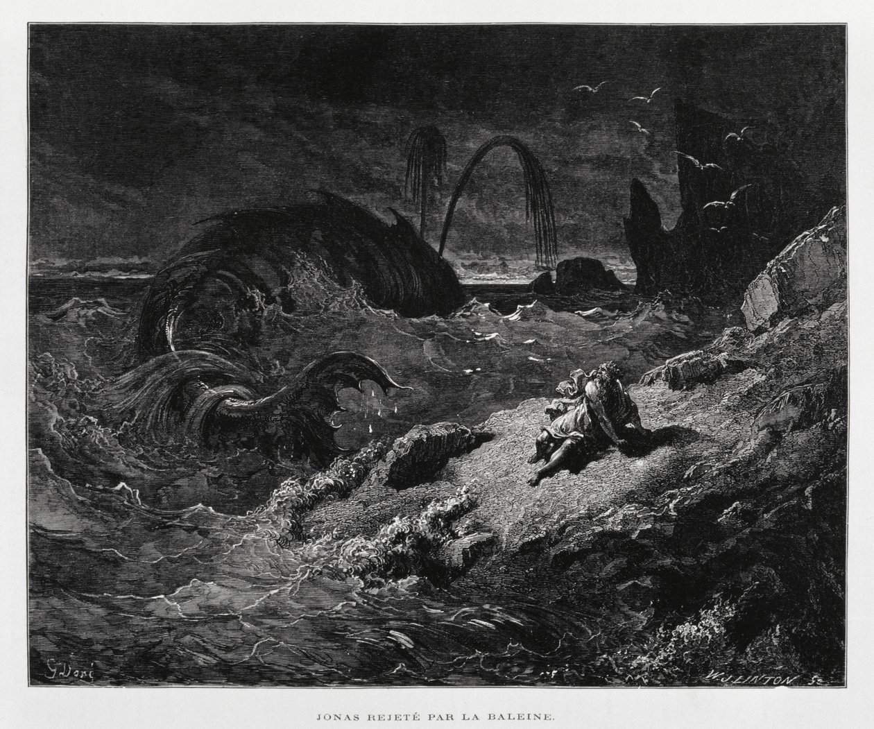 Jonás expulsado a tierra firme por la ballena, Ilustración de la Biblia de Dore de Gustave Dore