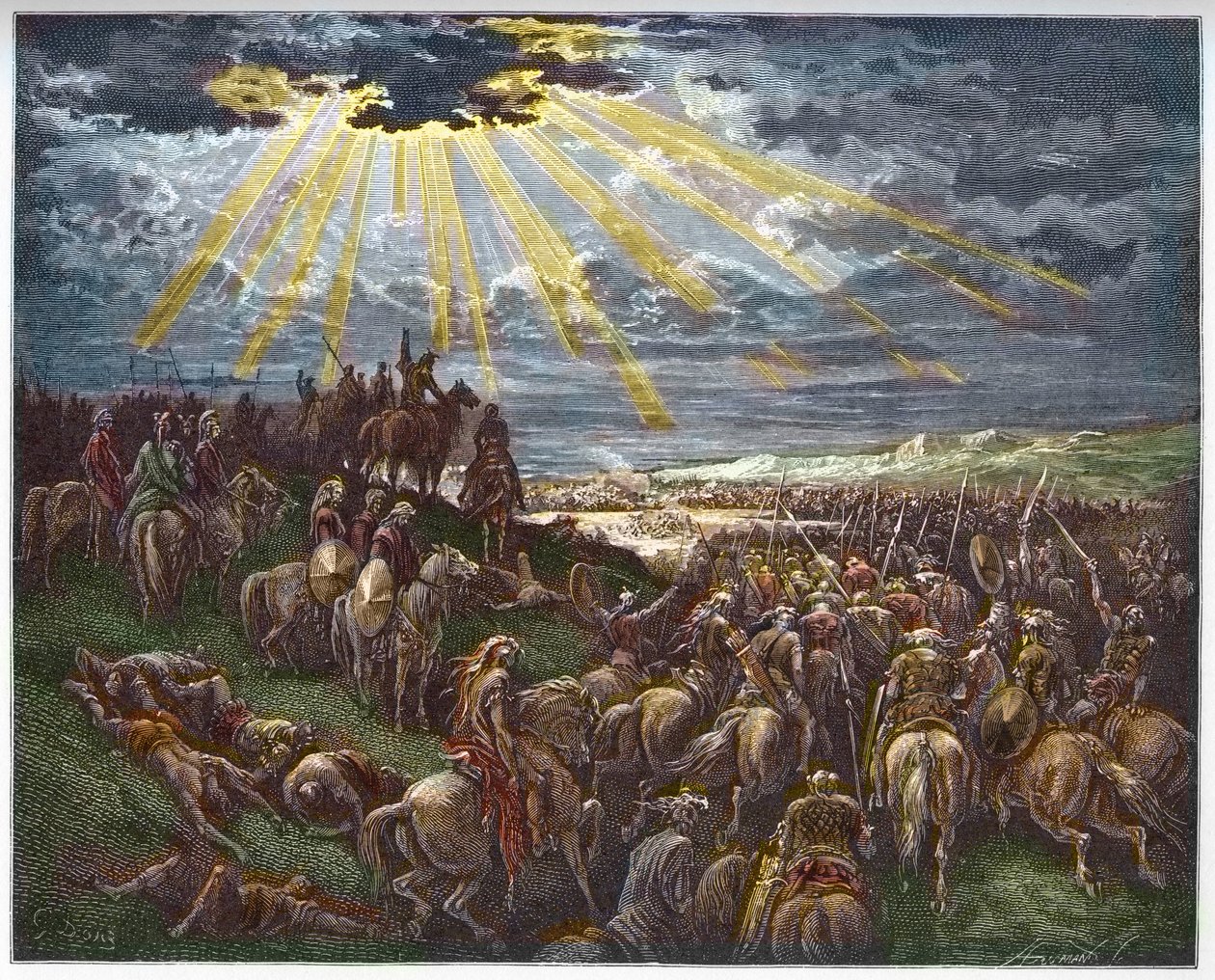 Josué ordenando al sol que se detenga - Josué detiene el sol - grabado en “The Bible illustree” por Gustave Dore (1832-1883) - Grabado de “The Dore Bible” de Gustave Dore