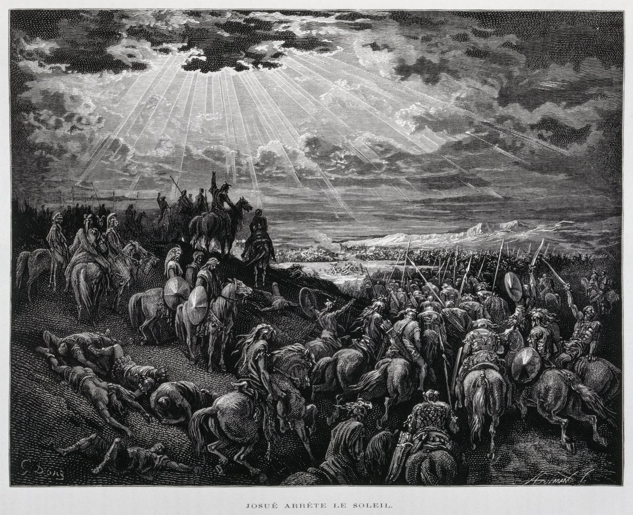 Josué hace que el sol se detenga, Ilustración de la Biblia de Dore de Gustave Dore