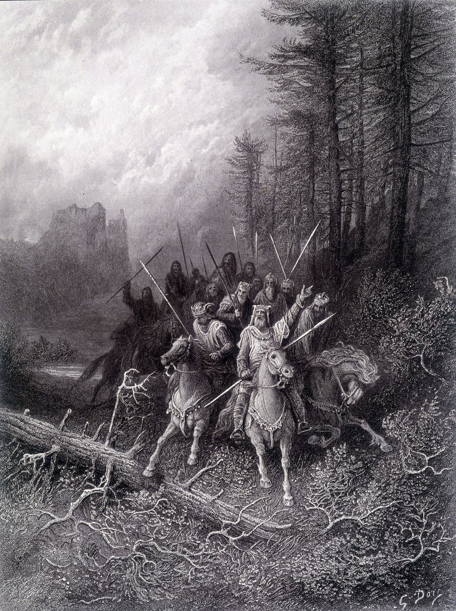 El rey Arturo en el bosque de Broceliande (Ciclo de los Caballeros de la Mesa Redonda) - en "Viviane" de Alfred Tennyson, ilustración de G. Doré de Gustave Dore
