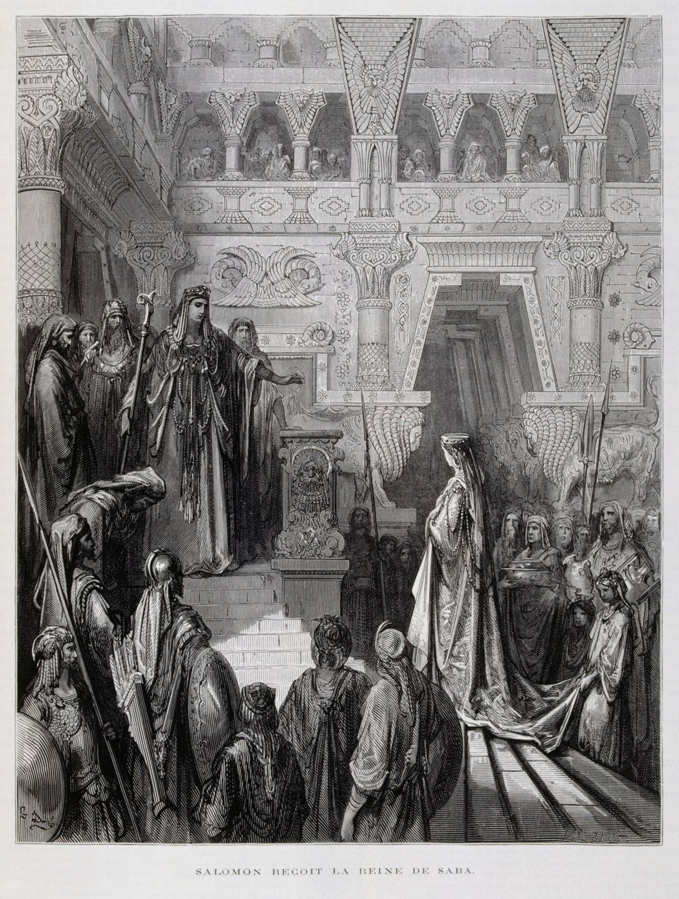 El rey Salomón recibe a la reina de Saba, Ilustración de la Biblia de Dore de Gustave Dore
