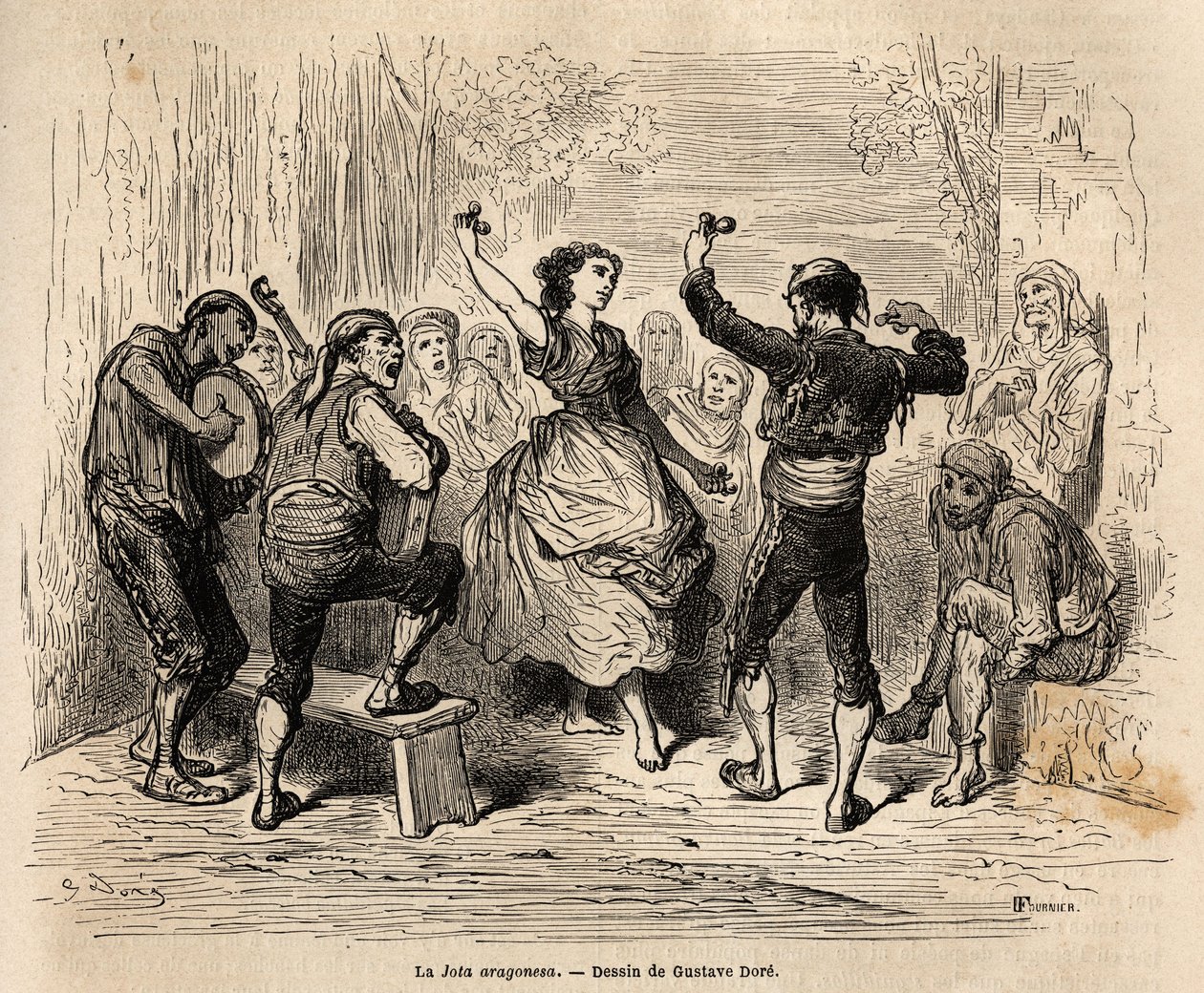 La jota aragonesa, coro y baile de pareja de Aragón, practicado durante todas las festividades populares y religiosas, letras sobre el tema del amor, a veces grotescas o triviales, estas canciones populares se repiten mediante pliegos, pequeños suplementos de Gustave Dore