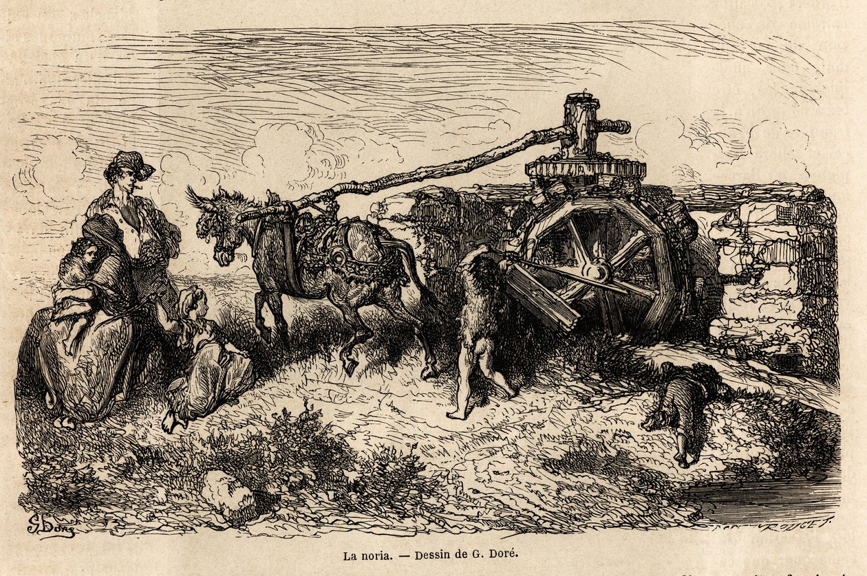 La noria, una máquina hidráulica para elevar niveles de agua usando la energía producida por la corriente, dibujo de Gustave Doré (1832-1883), para ilustrar su viaje a España, con C. Davillier, en 1862. Grabado en “Le tour du monde”, editado por Edouard Ch de Gustave Dore