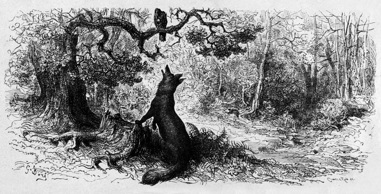 El cuervo y el zorro (grabado) de Gustave Dore