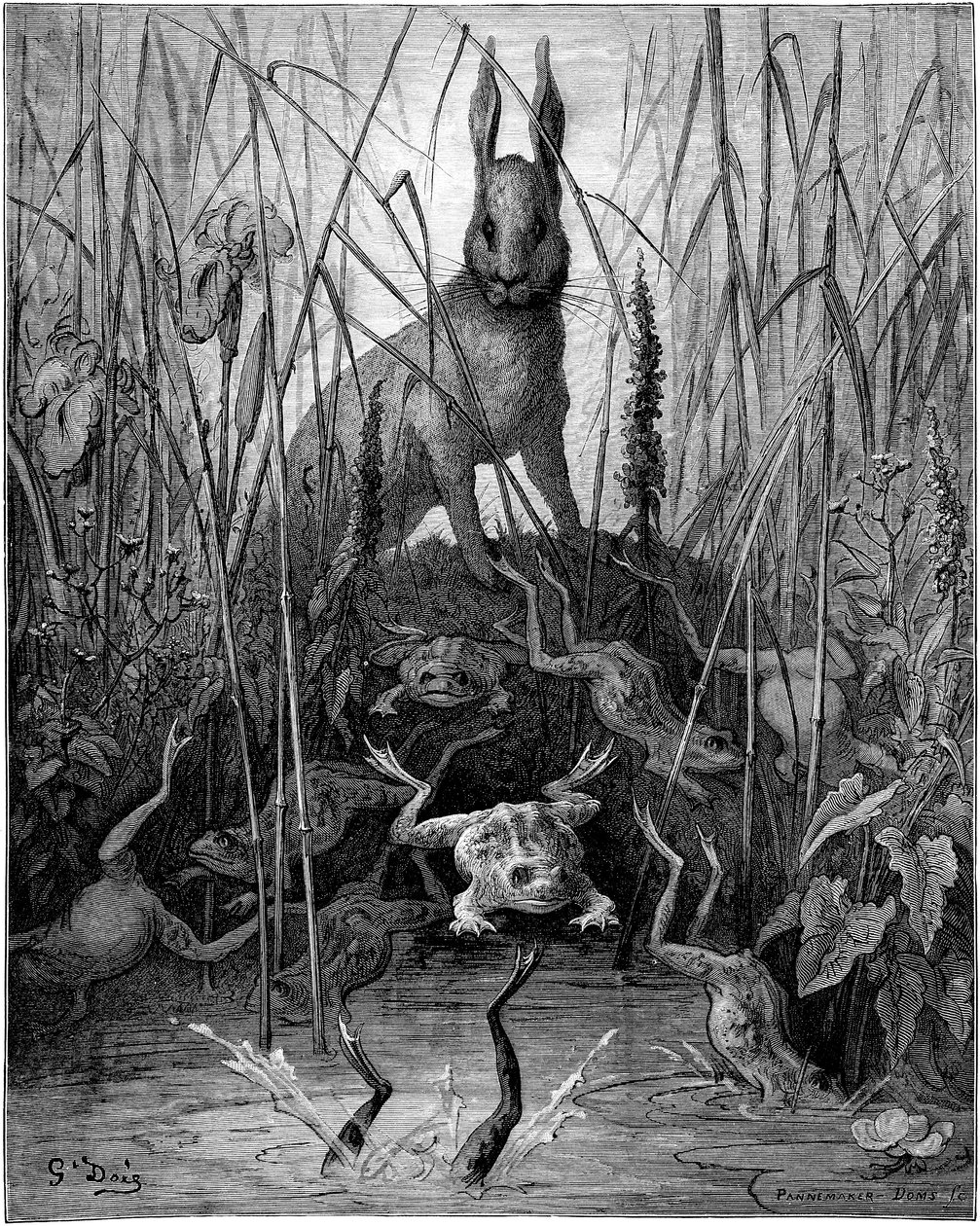 Le hare et les frogs: fábula de Jean de la Fontaine ilustrada por Gustave Dore - La liebre y las ranas - de Gustave Dore