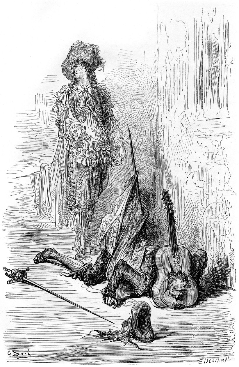 Leandre acaba de romper una guitarra en la cabeza de Matamore, ilustración para "Capitán Fracass" de Gustave Dore