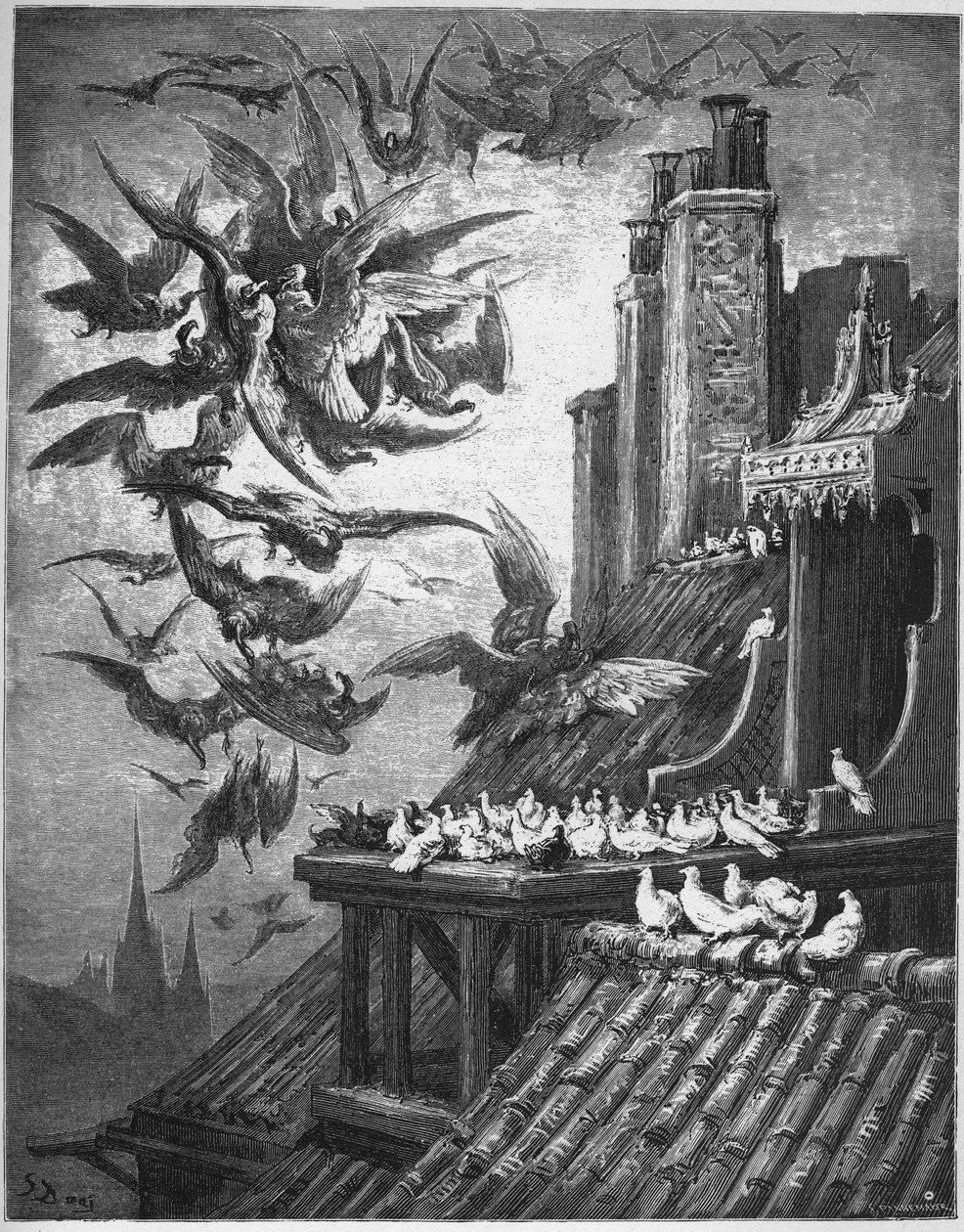 Los buitres y las palomas - de "Fábulas" de Jean de La Fontaine de Gustave Dore