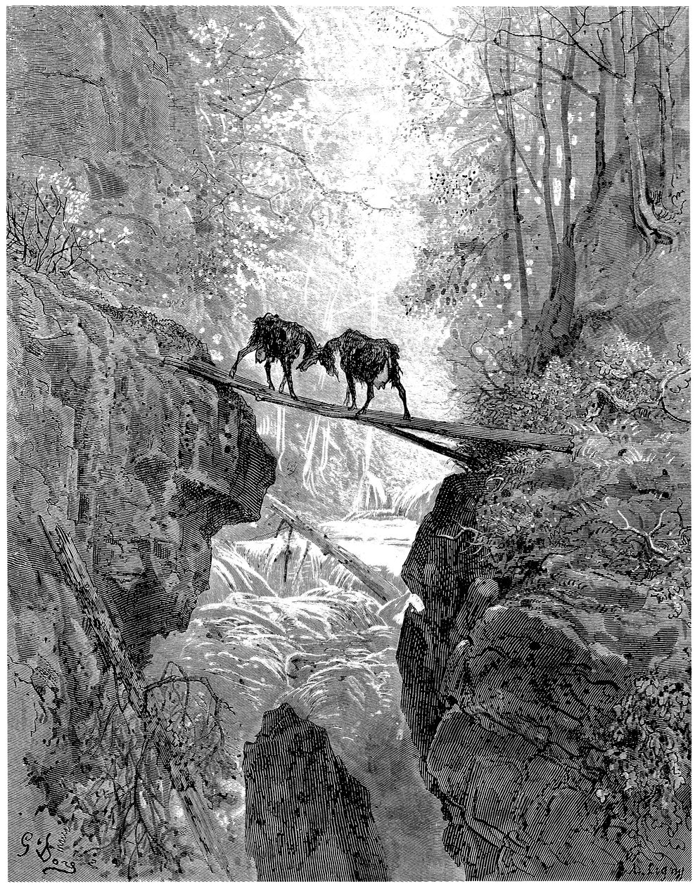 Les deux chevres: fábula de Jean de la Fontaine ilustrada por Gustave Dore - bosque, arroyo, arroyo - de Gustave Dore