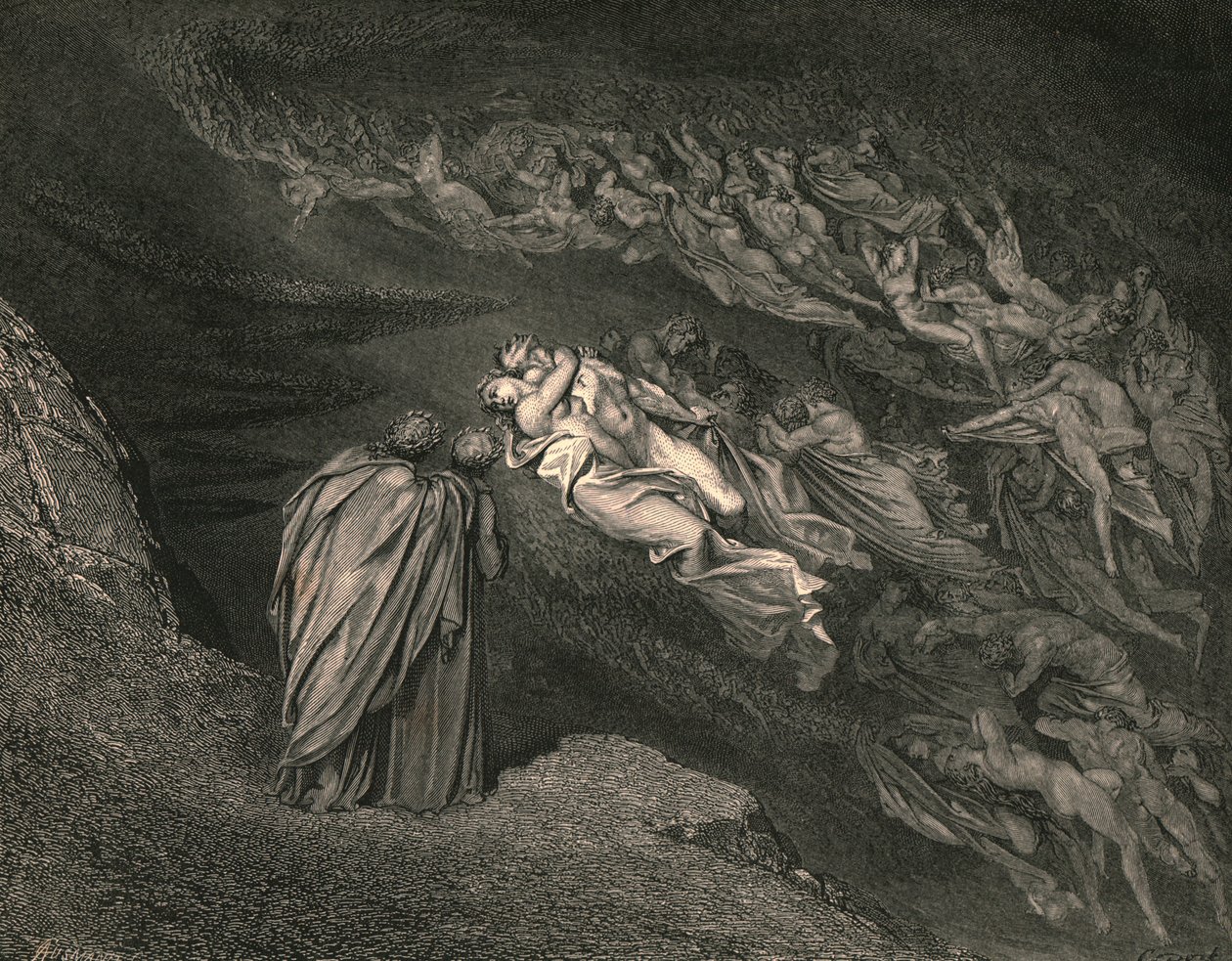 El amor nos llevó a una muerte: Caina espera el alma, que dividió nuestra vida, c. 1890 de Gustave Dore