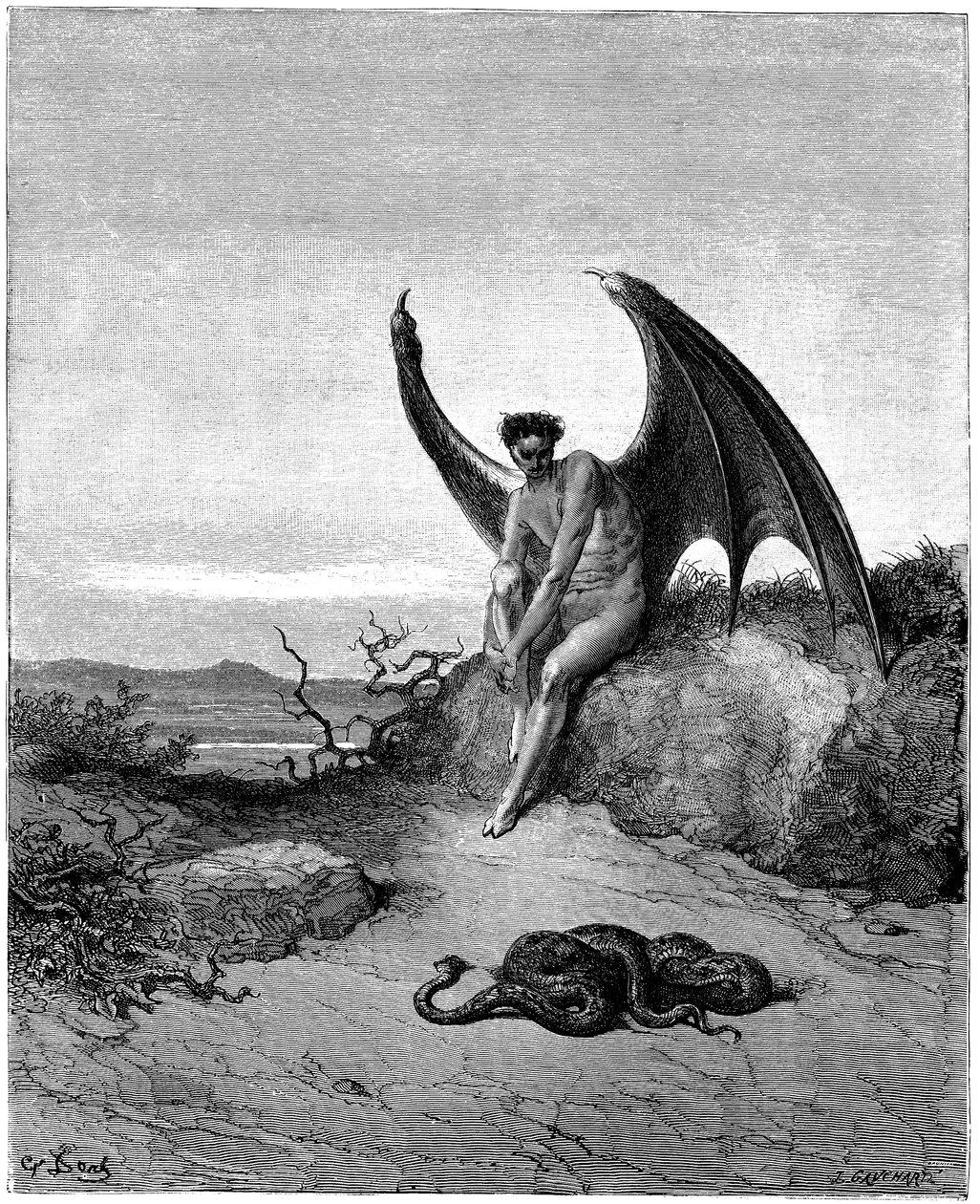 Lucifer (Satanás, ángel dechu, caído del cielo en la Tierra) se encuentra con la serpiente. Ilustración de Gustave Dore para "El paraíso perdido" de John Milton (1608-1674). Grabado de 1866. Colección privada de Gustave Dore