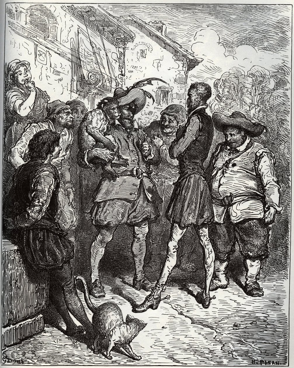 Maese Pedro y el mono adivino - de “Don Quijote de la Mancha” por Miguel Cervantes (1547-1616) - xilografía según dibujo de Gustave Doré de Gustave Dore