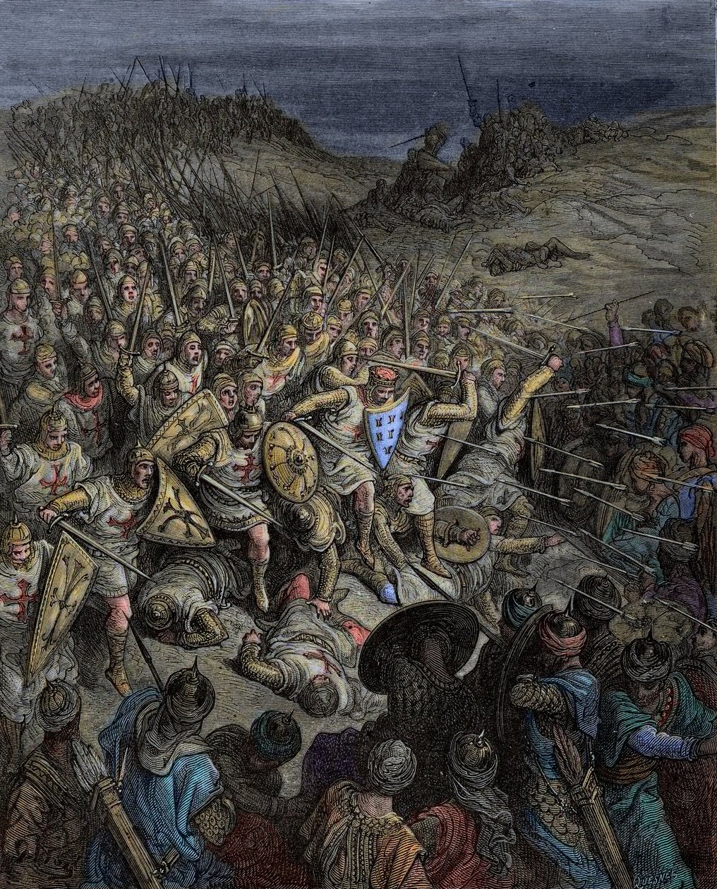 Edad Media: Primera cruzada. Godefroy de Bouillon derrotando a las fuerzas musulmanas (turcos del Sultanato de Rum) del sultán Kilij Arslan en Dorylee (Dorylaeum, Dorylaion) en Asia Menor de Gustave Dore