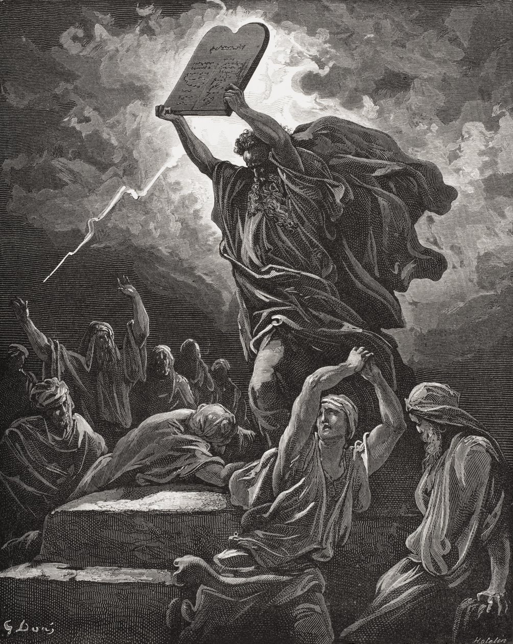 Moisés rompiendo las tablas de la ley, Éxodo 32:19, ilustración de 