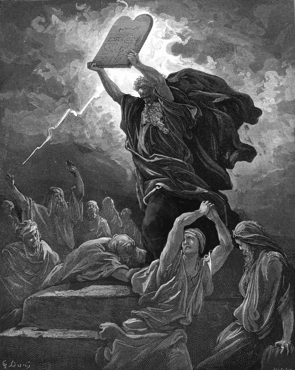 Moisés rompe las tablas de la ley, grabado - Biblia de Gustave Dore