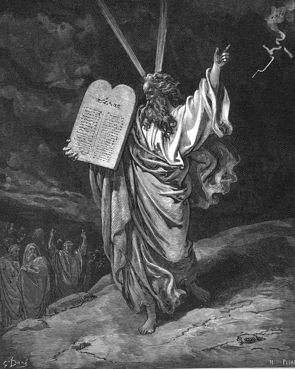 Moisés desciende del monte Sinaí con las tablas de la ley (los Diez Mandamientos). Éxodo 5.35. Ilustración de Gustave Dore (1832-1883) para La Biblia (Londres, 1866). Grabado en madera. de Gustave Dore