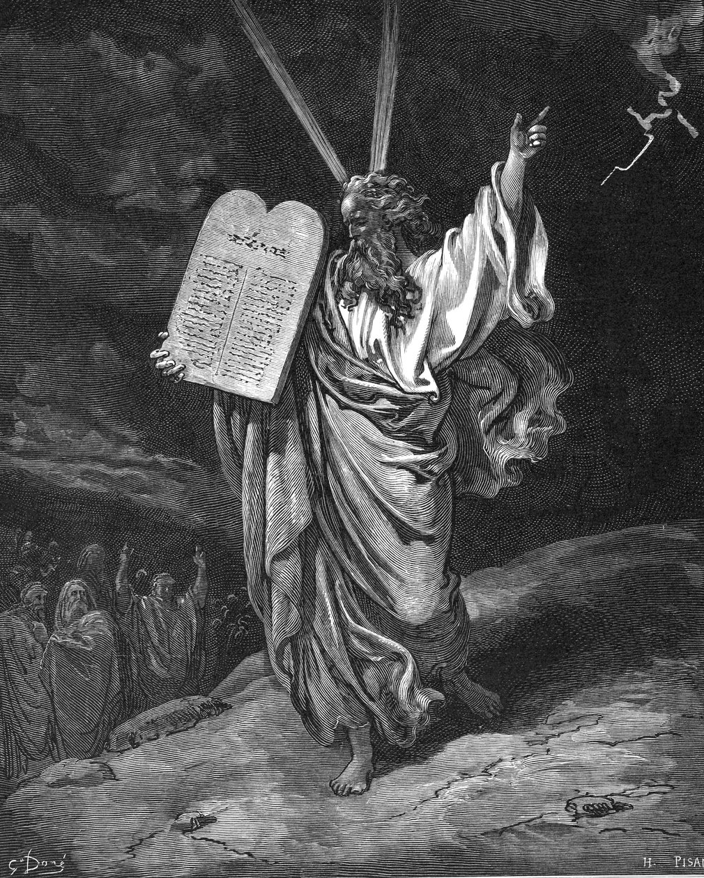 Moisés descendiendo del Monte Sinaí con las tablas de la ley Diez Mandamientos, 1866 de Gustave Dore