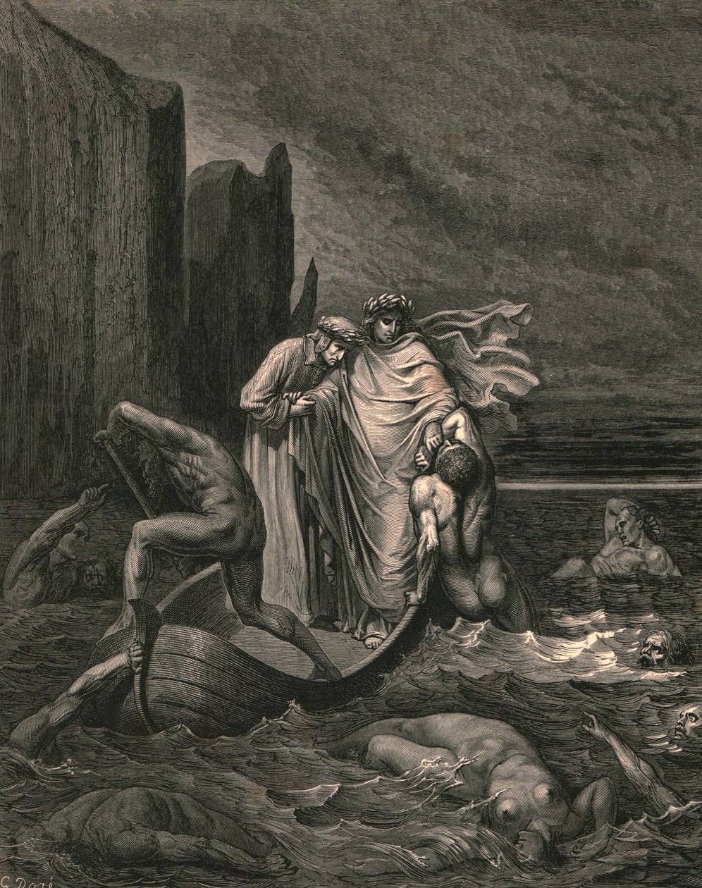 Mi maestro sabio consciente, empujándolo hacia atrás, c. 1890 de Gustave Dore