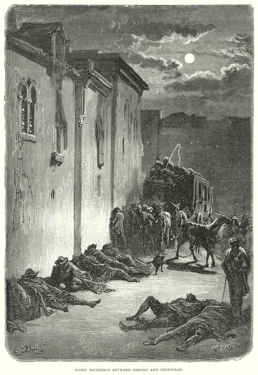 Diligencia nocturna entre Gerona y Perpiñán (grabado) de Gustave Dore