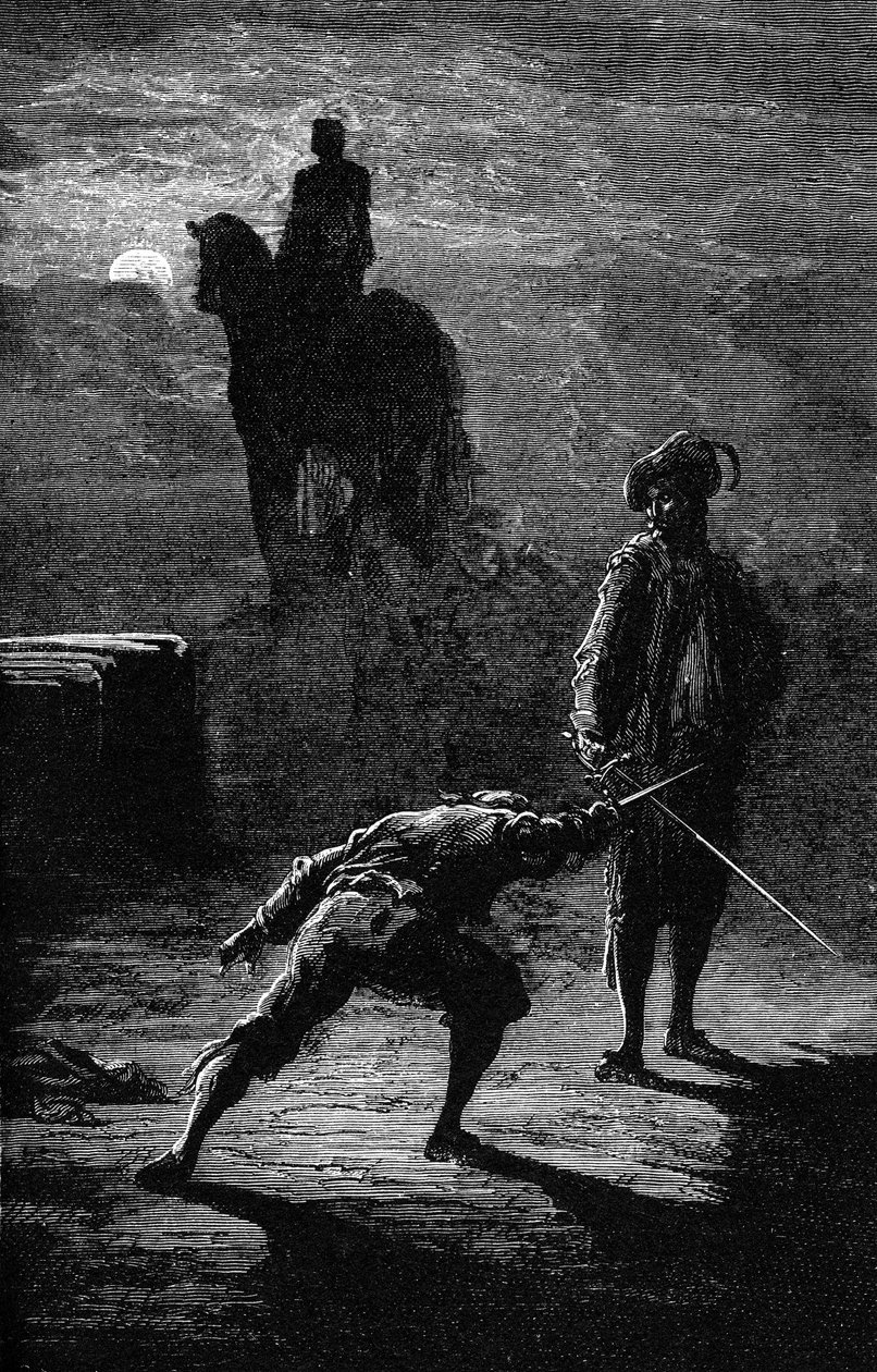 Duelo nocturno a la luz de la luna entre el barón de Sigognac y Jacquemin Lampourde, bajo la estatua ecuestre del Rey de Bronce. Grabado de Gustave Dore que ilustra la novela de Theophile Gautier "El capitán Fracasse". Edición Charpentier 1863. de Gustave Dore
