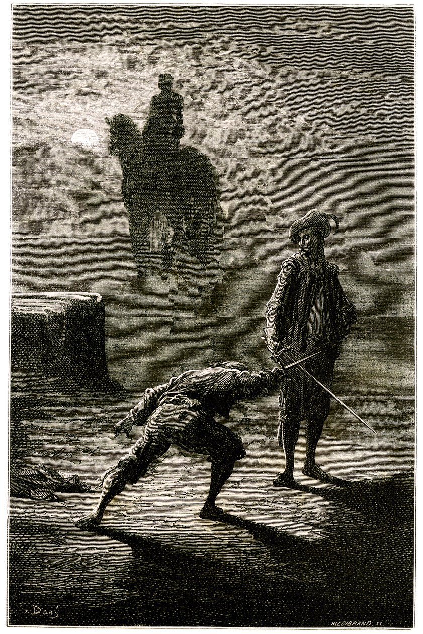 Duelo nocturno a la luz de la luna entre el barón de Sigognac y Jacquemin Lampourde, bajo la estatua ecuestre del Rey de Bronce. Grabado de Gustave Dore que ilustra la novela de Theophile Gautier "Le capitaine Fracasse", edición Charpentier 1863. de Gustave Dore