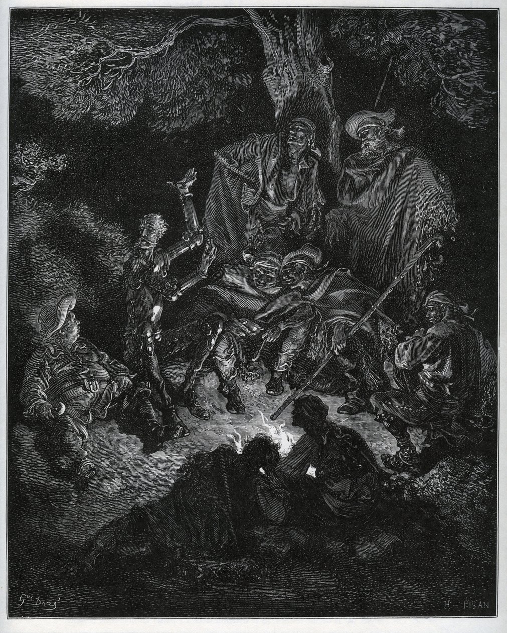 Luz nocturna donde Don Quijote cuenta la historia del mundo a las cabras y a Sancho Panza - de "Don Quijote de la Mancha" de Miguel de Cervantes (1547-1616) - xilografía después de un dibujo de Gustave Doré. de Gustave Dore