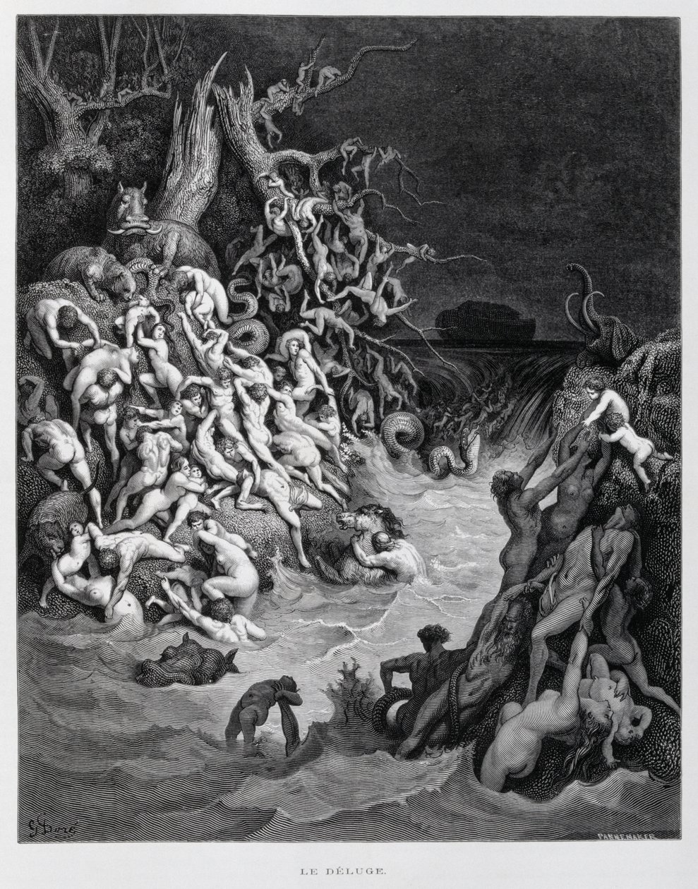 Noé y su arca escapan mientras el gran diluvio envuelve la tierra, Ilustración de la Biblia de Dore de Gustave Dore