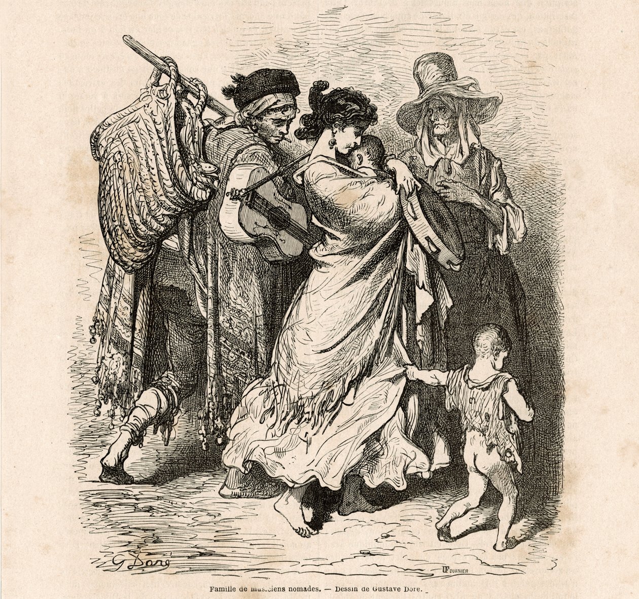 Familia nómada de músicos (grabado) de Gustave Dore