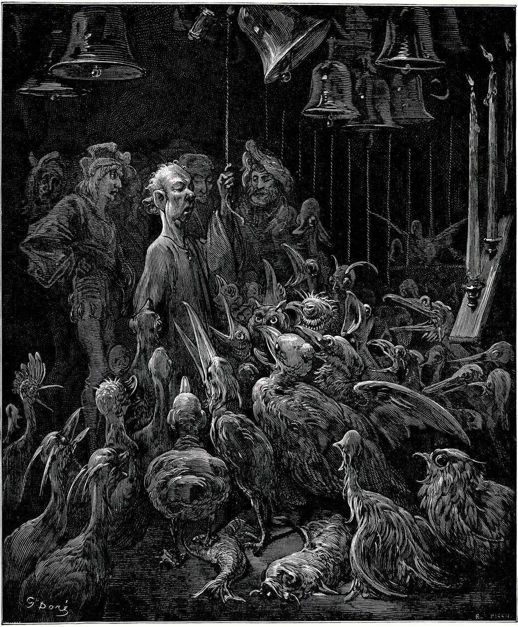 En la isla Sonnante, Panurge hace cantar a los pájaros haciendo sonar las campanas - ilustración de Gustave Dore para las obras completas de François Rabelais - Libro Quinto - Pantagruel de Gustave Dore