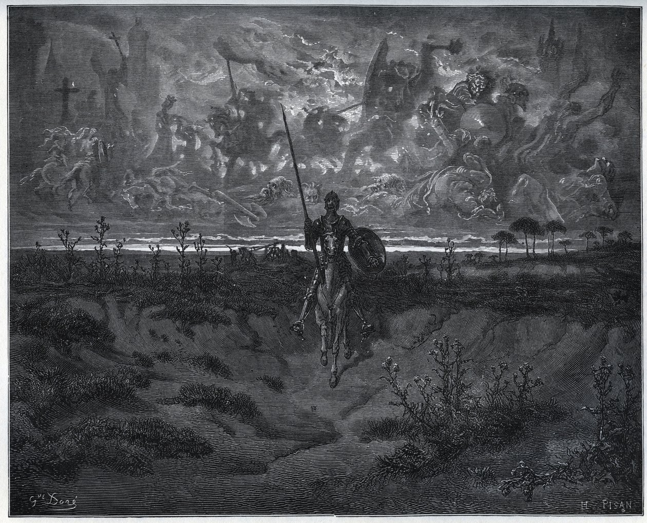 En este viaje, nuestro nuevo aventurero habló consigo mismo - de "Don Quijote de la Mancha" de Miguel Cervantes de Gustave Dore