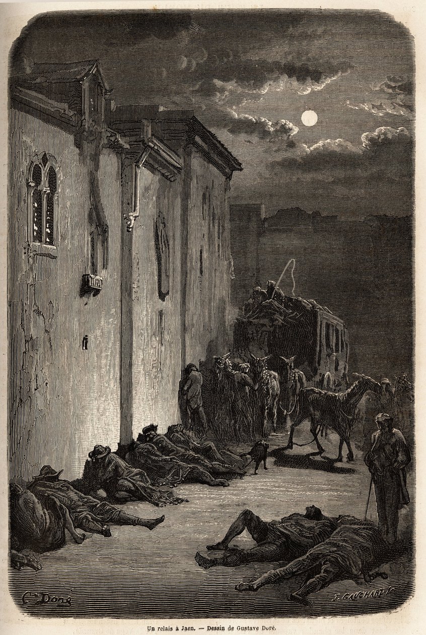 Una noche en un relevo en Jaén. Dibujo de Gustave Doré para ilustrar su viaje a España en 1862, con Ch. Davillier. Grabado en “Le tour du monde”, editado por Edouard Charton de Gustave Dore