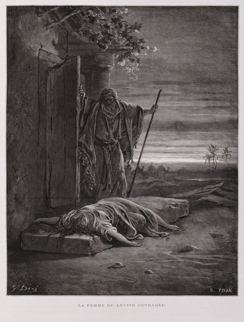 Indignación en Gabaa, el levita se lleva a su concubina muerta, Ilustración de la Biblia de Dore. de Gustave Dore