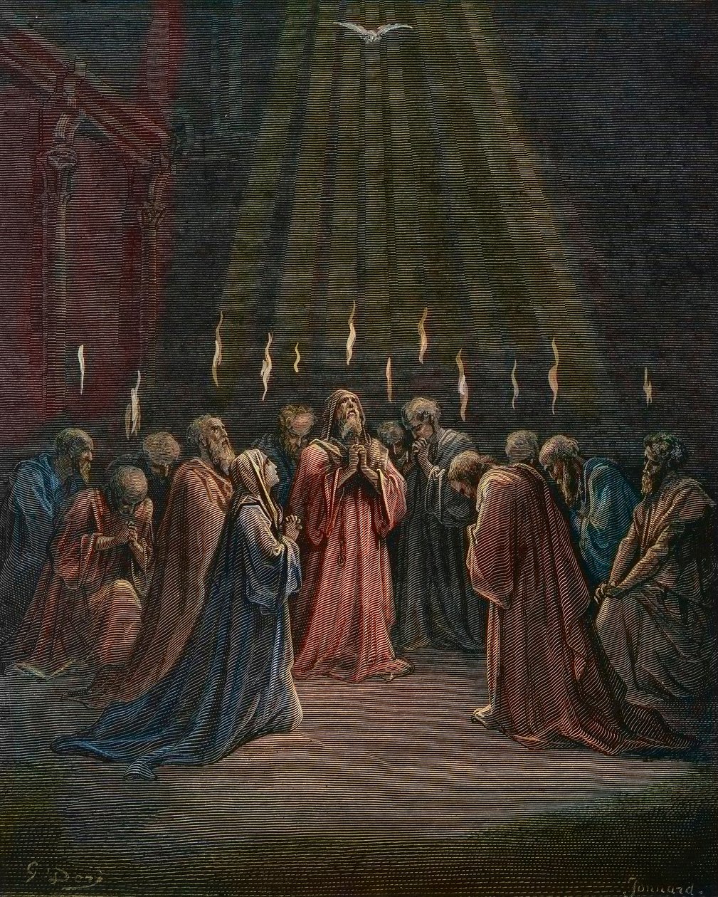 Pentecostés - Pentecostés (venida del Espíritu Santo) - Pentecostés, el descenso del Espíritu Santo, grabado de Gustave Doré (1832-1883) - coloreado posterior. de Gustave Dore