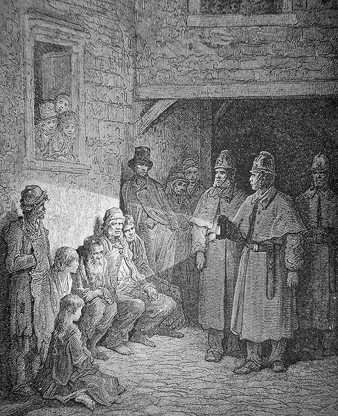 Policías de patrulla en el Rookery de Londres, grabado por Stephane Pannemaker (1847-1930) de Gustave Dore
