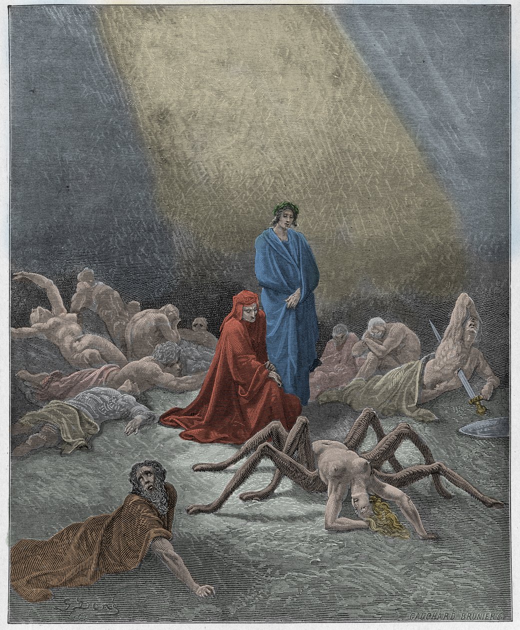 Purgatorio, Canto 12: Dante ve el alma de Aracne, ilustración de "La Divina Comedia" de Dante Alighieri, 1885 de Gustave Dore