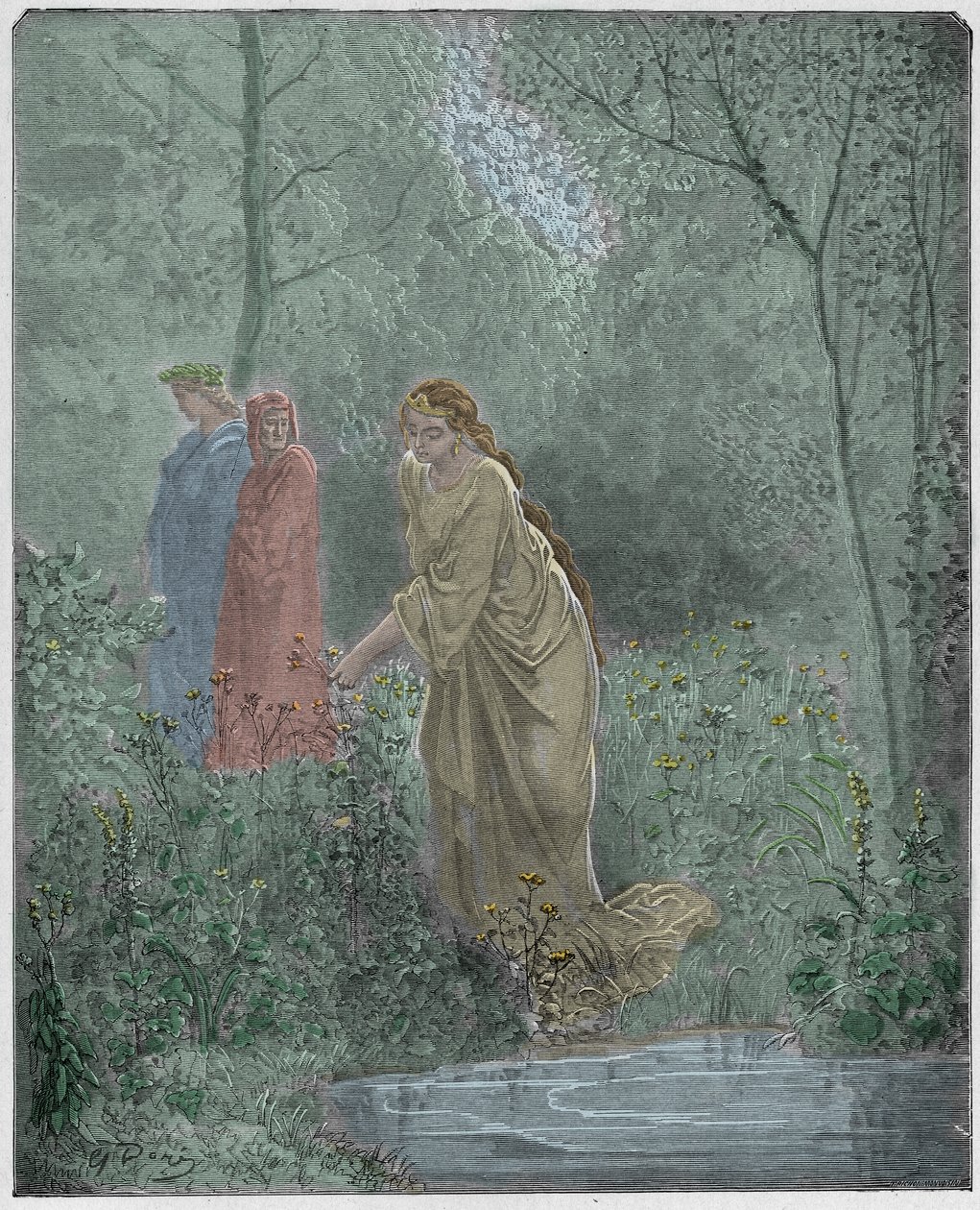 Purgatorio, Canto 27: El sueño de Dante con Leah en el prado, ilustración de "La Divina Comedia" por Dante Alighieri, 1885 de Gustave Dore